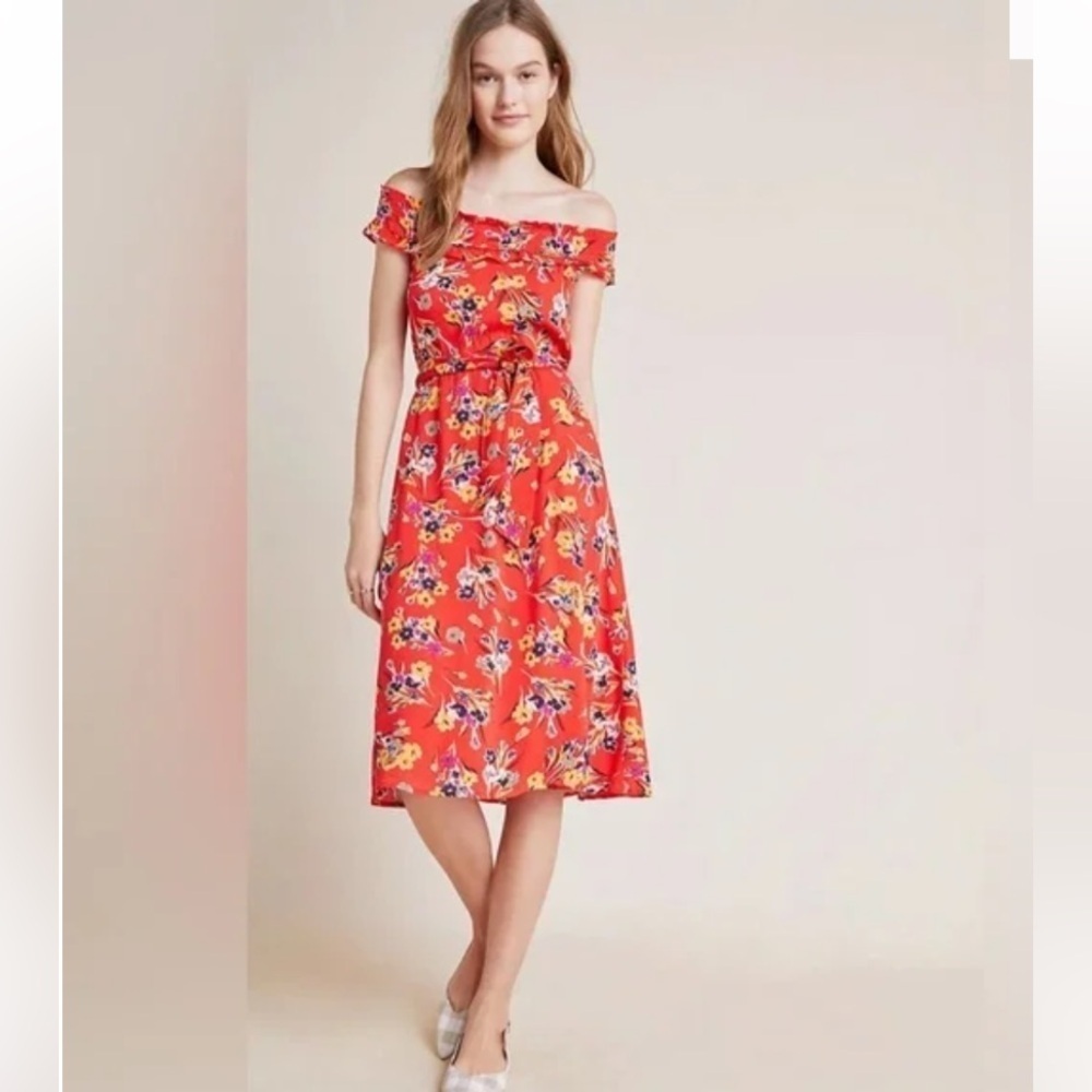 Anthropologie Conversations Floral Print Red Midi Dress, sz 8 Off The Shoulder